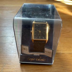 Sergio Valente Quartz Watch Black Leather Band, Rectangle Face, New 80-900
